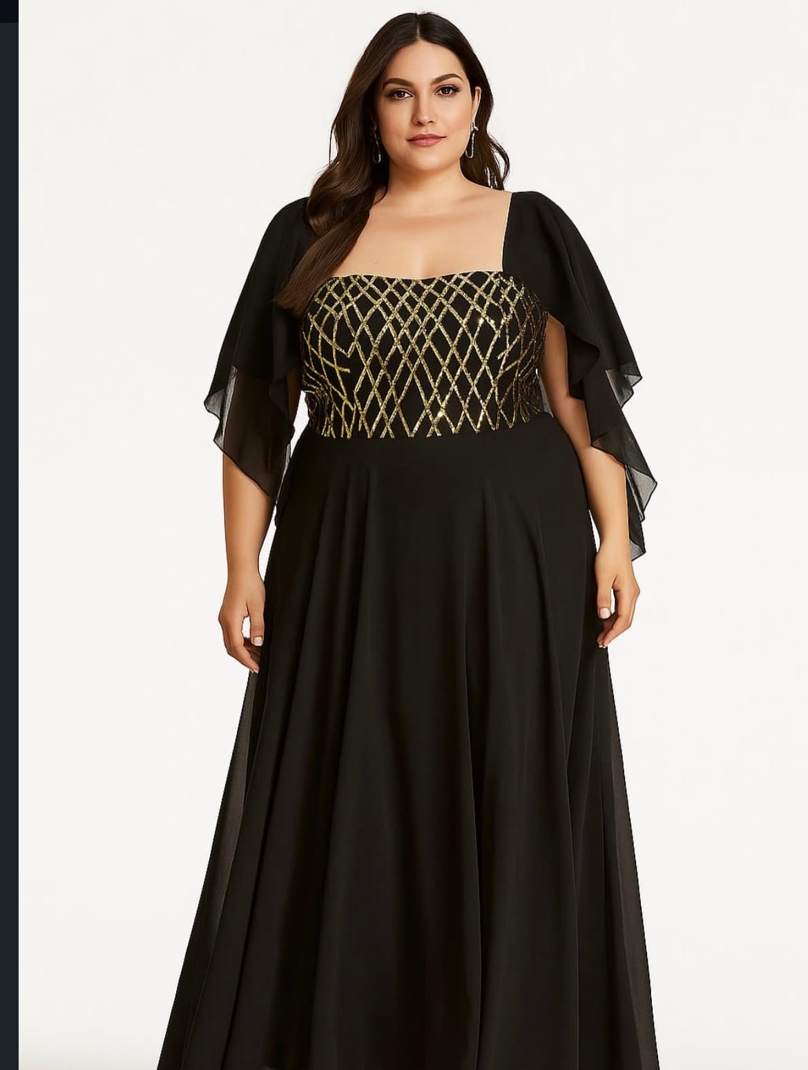 Vestido negro con detalles dorados y mangas de tul
